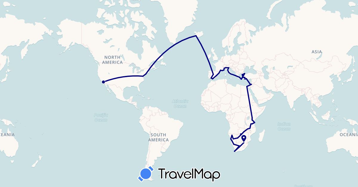 TravelMap itinerary: driving in Botswana, Egypt, Spain, France, Greece, Israel, Iceland, Italy, Jordan, Kenya, Mozambique, Namibia, Turkey, Tanzania, United States, South Africa, Zambia (Africa, Asia, Europe, North America)